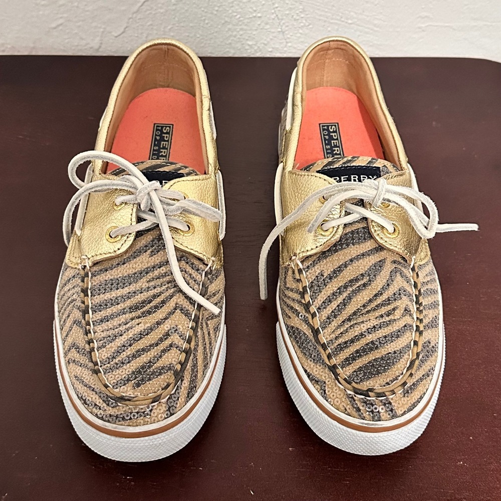 Sperry Top-Sider Gold Sequin Tiger Stripe Boat Shoes Womens 8.5M Coastal Glam
